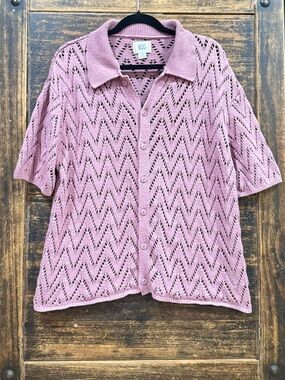 BDG Urban Outfitters Retro Style Crochet Knit Chevron Polo Button Up Cardigan L